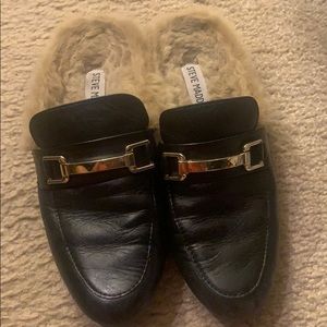 Khloe black fur slip ons